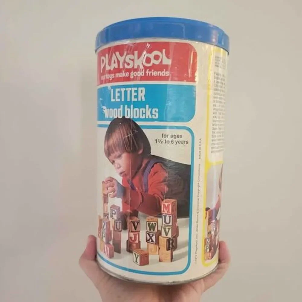 70's Vintage Wooden Blocks in Original Canister